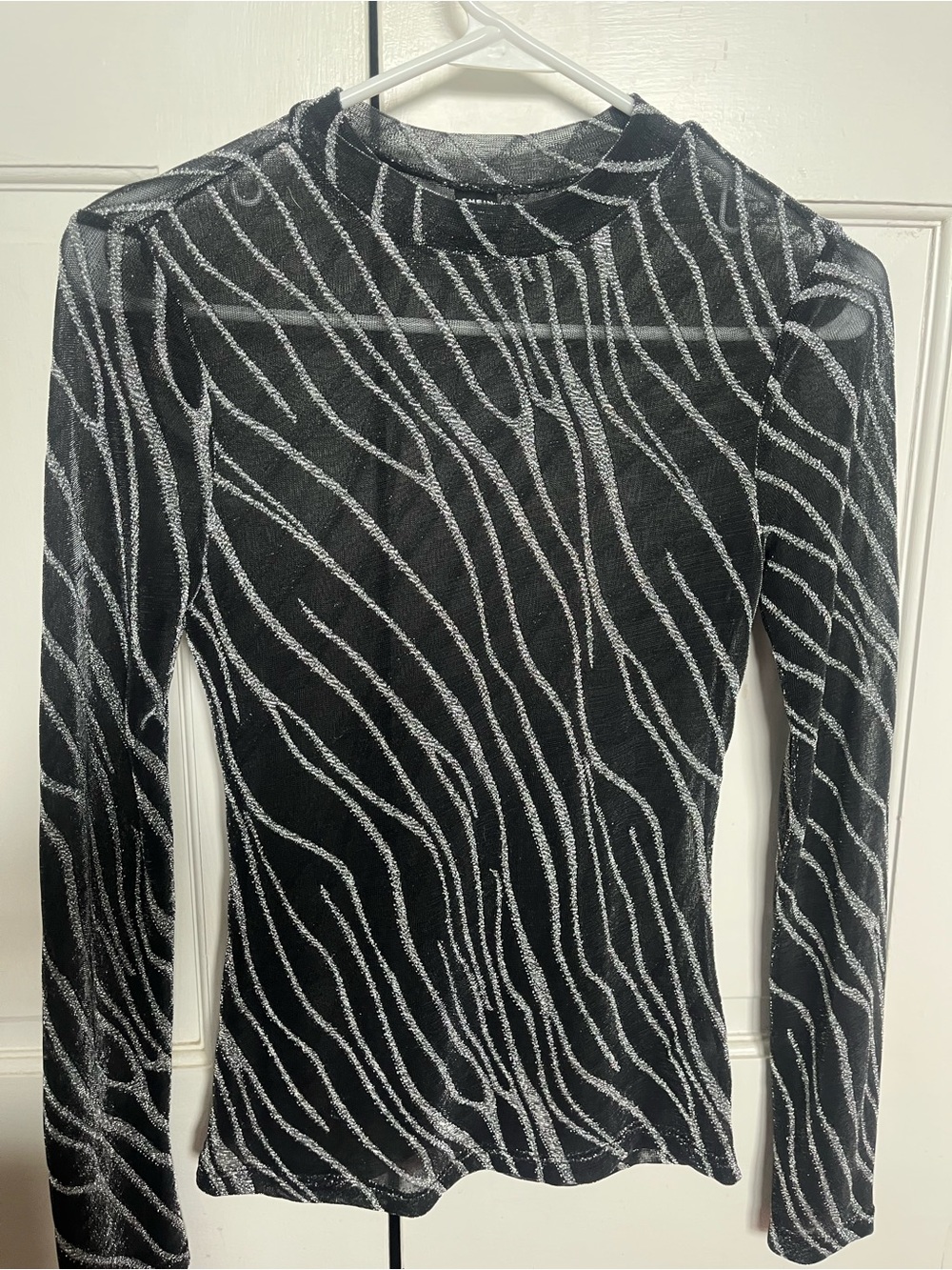 Shein Black Sheer Long Sleeve Top with Silver Zebra Stripes